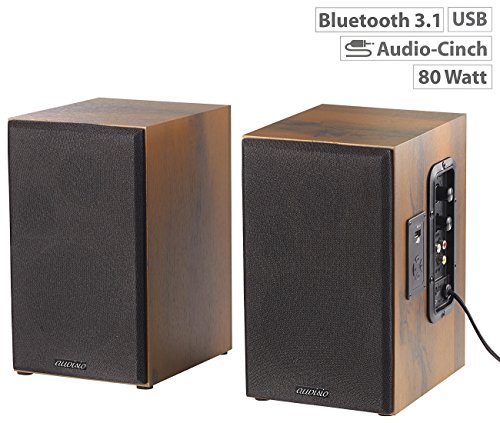 auvisio Lautsprecher Holzgehäuse: Aktives Stereo-Regallautsprecher-Set im Holz-Gehäuse mit Bluetooth (Holz Lautsprecher, Lautsprecher Boxen Holz, Lautsprecherkabel) – Bild 3