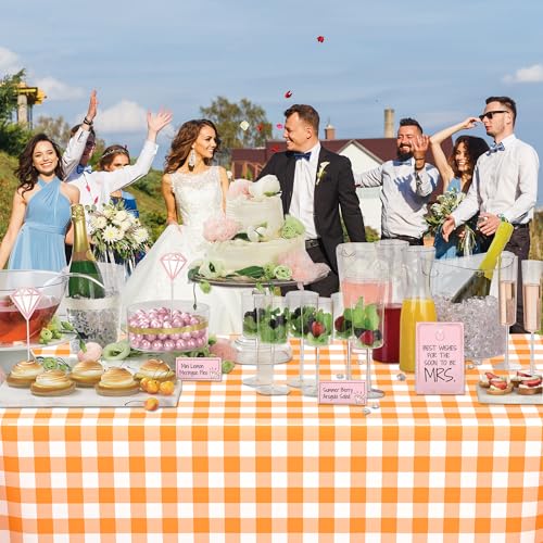 Image of WNINK 6 Pack Orange and White Checkered Rectangular Plastic Tablecloths, Orange Gingham Waterproof Disposable Table Covers 54 inch x 108 inch for Birthday, Wedding, Outdoor Picnic Camping Parties
