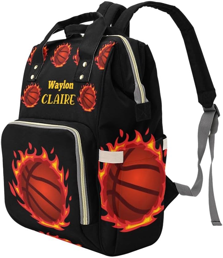Fire basketball Personalized Diaper Bag Backpack,Custom Name Large Capacity Diaper Backpack Travel Casual Daypack Nappy Bags Gifts
