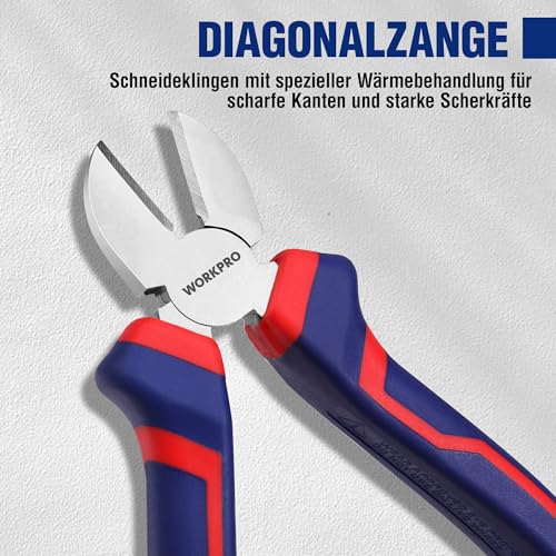 WORKPRO Zangen Set 3tlg. Zangensatz Kombizange 180mm Spitzzange 160mm Seitenschneider 160mm Profi Zangenset für Heimwerker, Profis, DIY, Reparatur