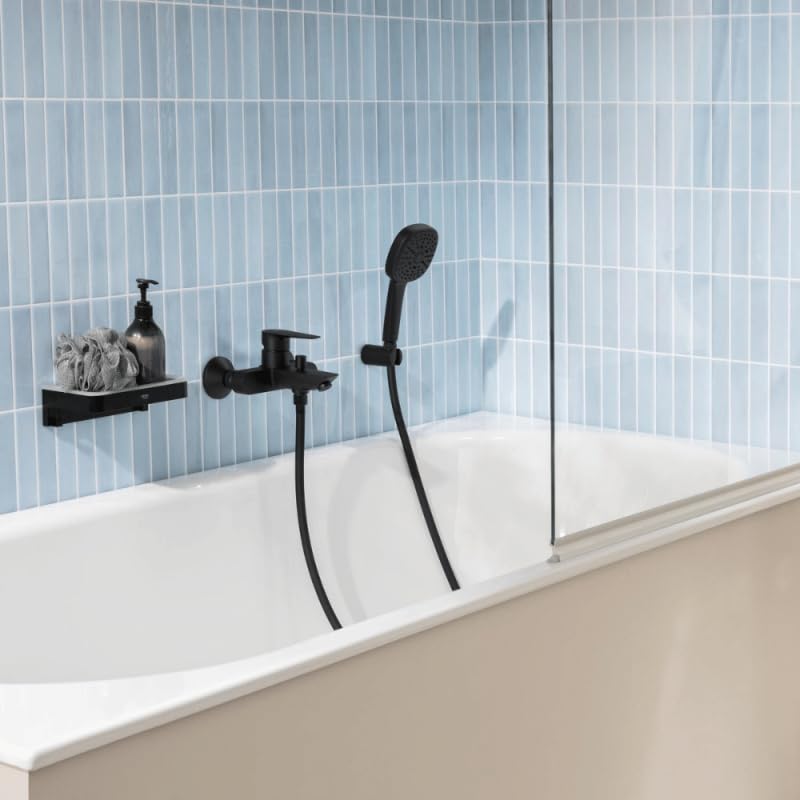 GROHE Start Edge – Grifo monomando de bañera visto con inversor automático (pared, cartucho cerámico 35 mm, válvula antirretorno, caño con aireador mousseur), Negro Mate, 241982431