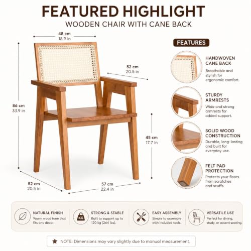 Image of Solid Sheesham Wood Dining Chair with Cane Backrest | Modern Wooden Arm Chair for Dining Room, Living Room & Cafe | Handcrafted Rattan Accent Chair | Natural Finish
