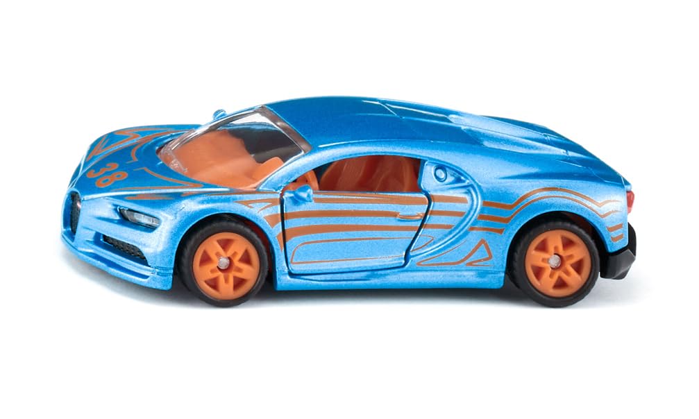siku 1508 Bugatti Chiron Sportwagen – Spielzeugauto aus Metall/Kunststoff, Blau/Orange