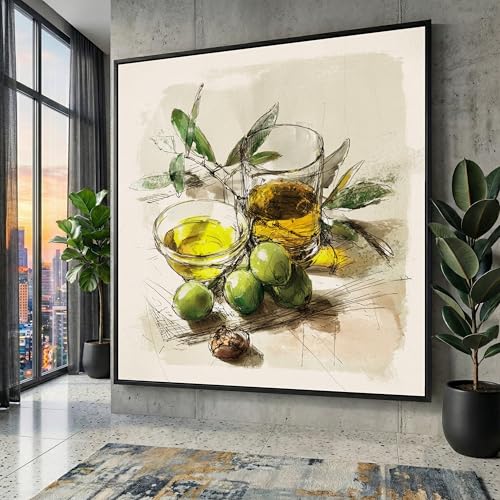 Peinture olive nature morte méditerranéenne toile 65x65cm décoration murale de cuisine sans cadre