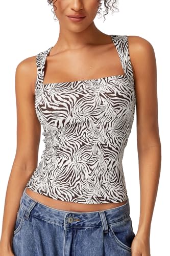 QINSEN Women's Tank Tops Sexy Sleeveless Crop Tops Square Neck Double Layer Fitness Basic Shirts Zebra Stripes M