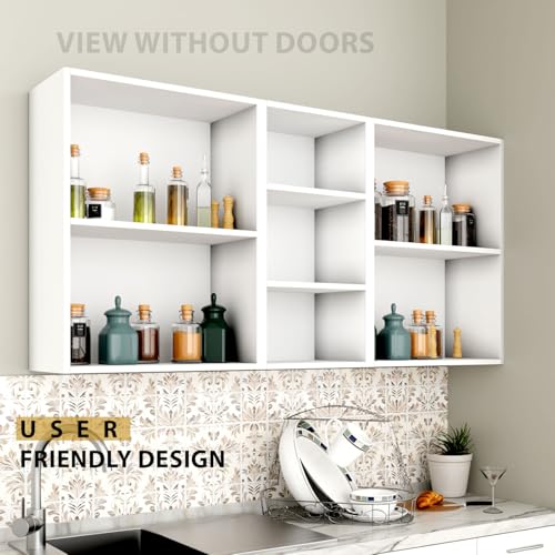 Image of VIKI Furniture Modular Kitchen Wall Cabinet with Acrylic Glass Flip-Up Gas Spring Door & Open Shelf, Space Saving Spice Rack, 30 x 200 x 80 cm, Frosty White, 1 Year Warranty