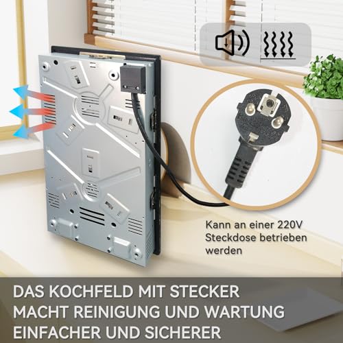 Hermitlux kochfeld 28,8cm, Glaskeramik Kochfeld 2 Platten, 9 Leistungsstufen, Touch-Steuerung, Timer, Kindersicherung, Geeignet für Alle Töpfe, 3300W
