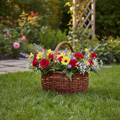 Miniatura 4 de Cesta De Mimbre Grande Bicolor Con Asa. Cesta De Almacenaje Multiusos. Ideal Para Recolección De Setas, Frutas, Verduras, Madera O Decoración Vintage Caoba 42 X 32 X 21 42 Cm