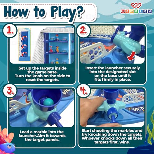 Image of Wembley Ocean Shooting Arcade Board Game for Kids | Aqua 2 Player Pinball Marble Shooter Tabletop Toy | Indoor Competitive Skill Activity Game | Birthday Gift for Boys Girls Age 5 6 7 8 9 10 11 Years