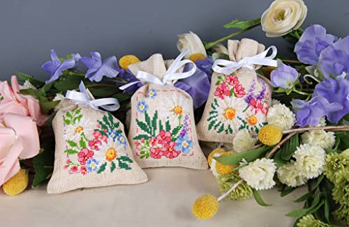 Kit broderie point de croix compté sachet aromates complet fleurs de printemps 3pcs - 4