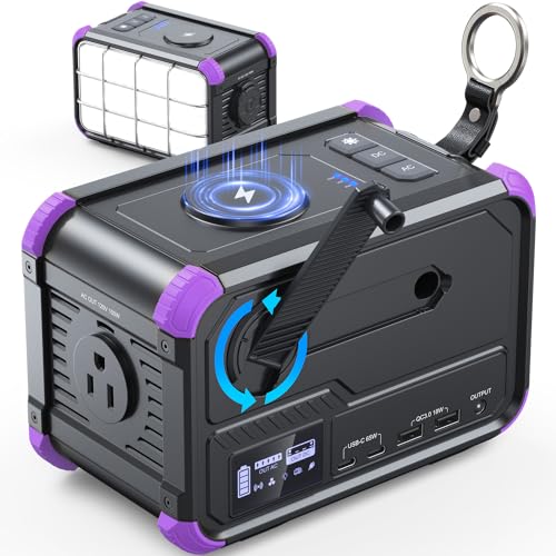 BROWEY Portable Power Station 153Wh Small Solar Generator with Hand Crank 120V 150W AC Outlet Lithium Battery Power Bank, Wireless Charging Emergency Charger for Outdoor Camping Travel Home Backup