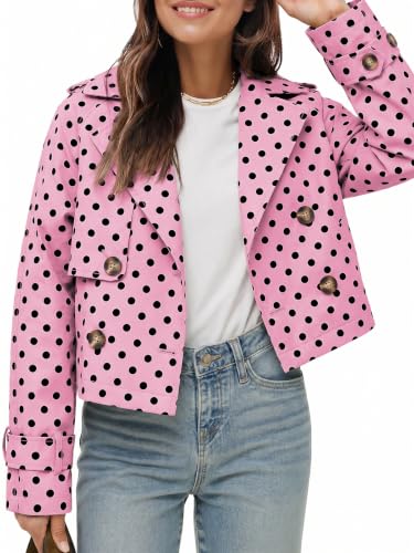 Tankaneo Womens Cropped Trench Coat Polka Dots Lapel Double Breasted Short Jacket Outwear with Pockets