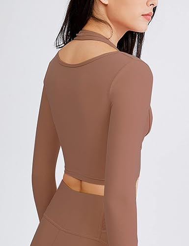 Miniatura 3 de Flygo Camisetas de yoga con brasier integrado, con relleno, de manga larga, camiseta de gimnasio para mujer, entrenamiento