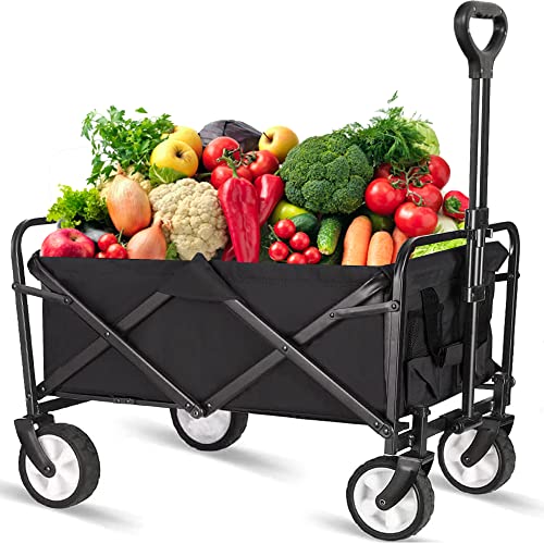Beach Cart Large Capacity, Heavy Duty Folding Wagon Portable, Collapsible Wagon For Sports, Shopping, Camping (Black, 1 Year Warranty) #TOP6