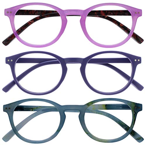 OPULIZE Zen Gafas de Lectura Pack de 3 Redondo Rosa Brillante, Violeta Mate Satinado, Azul Turquesa Brillante Bisagras con Muelle Resistente a los Arañazos RRR24-45Q +2.00