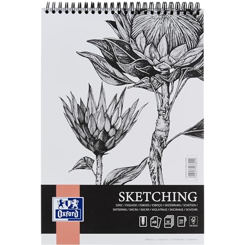 Oxford Artistic Skizzenblock A5 50 Blatt, Zeichenblock mit Doppelspirale, Sketchbook, Kunstblock 130g/m² säurefreies Papier, Zeichenheft mit stabiler Rückpappe, Skizzenheft für Zeichnen & Skizzen