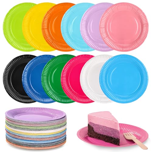 Tatxmalv Platos de Papel de Colores, 120 Piezas Redondos Platos de Cartón, Fácil de Agarrar, No se Desliza, 12 Colores Papel para Fiestas, para Servir Pasteles, Pollo Parrilla y Bistec