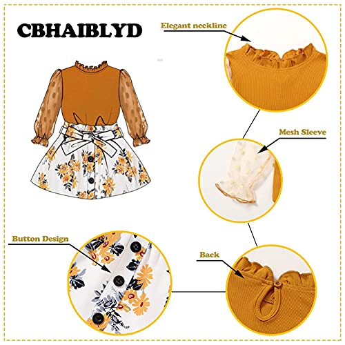 Toddler Girl Dress Clothes Mesh Sleeve Mock Neck Blouse Tops+Self-Belt Floral Leopard Skirt Girls Fall Outfits Set #TOP3