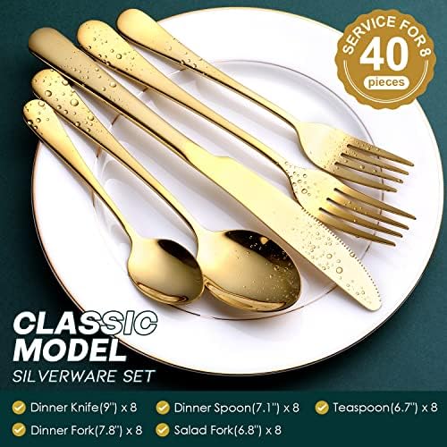 Cutlery Set, OGORI 40-Piece Gold Stainless Steel Flatware Set, Tableware Silverware Set with Spoon Knife and Fork Set, Service for 8,Easy Clean, Mirror Polished