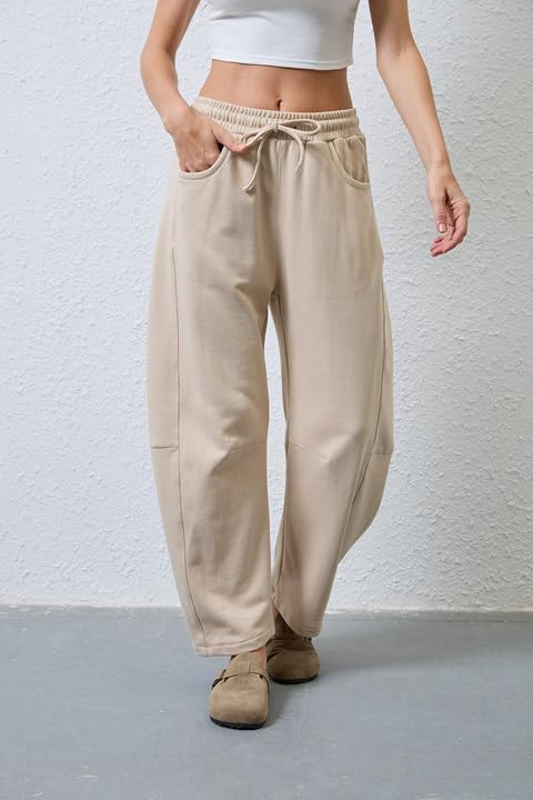 SeekMe Women's Barrel Leg Sweatpant Drawstring Elastic Waisted Wide Leg Pants Casual Cotton Palazzo Trousers with Pockets - Image 2
