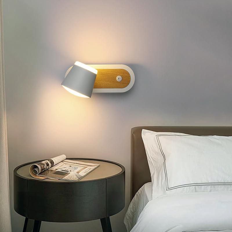 LED Wall Sconces Surfaced Mount Hotel Bedroom Bedside Reading Light Fixture Adjustable Directional On/Off Switch White+ Wood Grain
