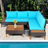 Tangkula 4 Pieces Acacia Wood Patio Furniture Set, Patiojoy L Shaped Wicker Corner Sectional Sofa Set with Thick Cushions, Coffee Table, for Backyard, Garden, Poolside and Deck (Turquoise)
