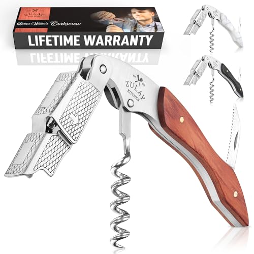 Zulay Kitchen Corkscrew Wine Opener – Premium 420 Stainless Steel & Rosewood Wine Bottle Opener – Double Hinged Opener with Foil Cutter & Cap Remover – Rosewood