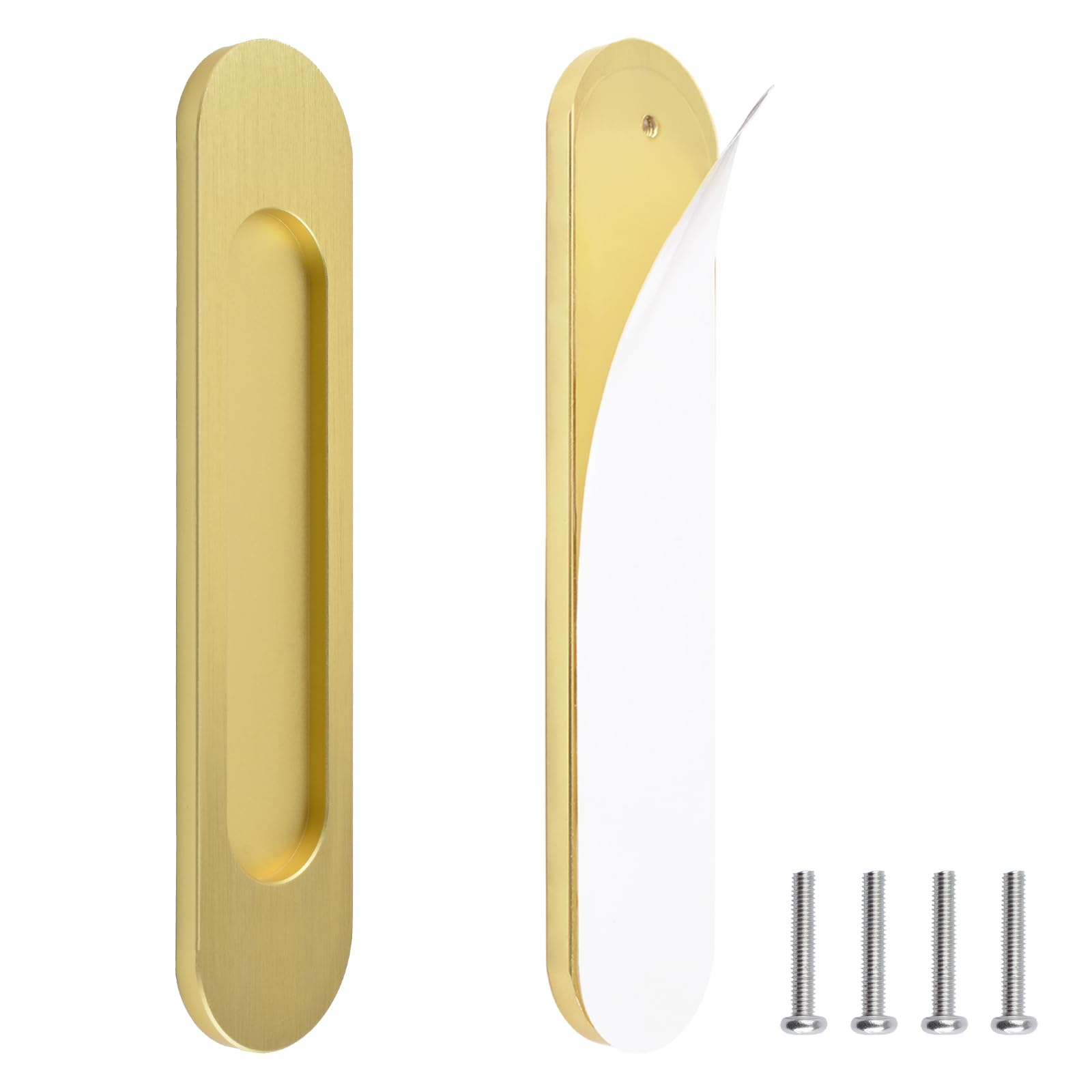 MOROBOR Self-Stick Oval Sliding Door Pulls, 2pcs Brushed Gold Aluminum Alloy Flush Pull Punch-Free Handle for Sliding Barn Door Windows Cabinets