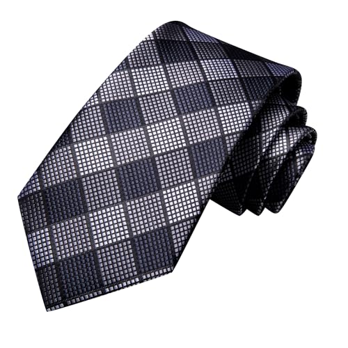 Image of Hi-Tie Plaid Black Silver Ties Men Set Silk Woven Necktie and Pocket Square Lapel Pin Silver Tie Clip Cufflinks Set Wedding Business 6PCS