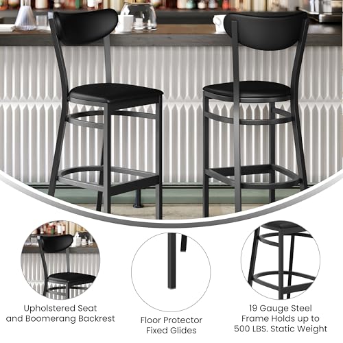 Image of Flash Furniture Wright 2 Pack Commercial Barstools - Black Finish Vinyl Seat and Boomerang Back - 500 LB. Capacity Black Steel Frame - Integrated Footrest