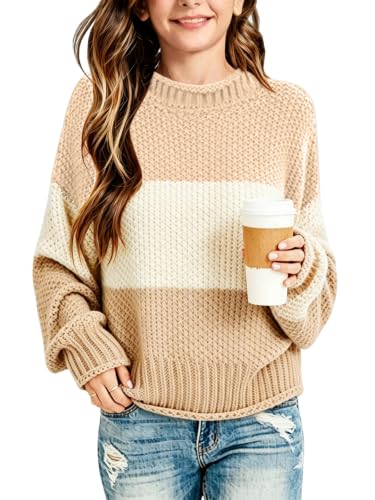 Putysenxi Girls Color Block Knit Sweaters Crewneck Long Sleeve Pullover Cozy Loose Fall Cute Sweater Tops Winter Outfits Khaki