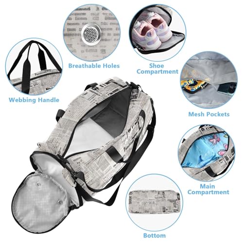 Vintage Newspaper Texture Duffle Bag for Girl, Sports Duffle Gym Bags with Shoe Compartment, Personalized Overnight Bag Travel Weekender for Kids3