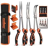 HORUSDY 3-Piece 11 Inch Long Reach Needle Nose Pliers Set, Extra Long Straight, 45° & 90° Bent Nose Pliers with 3 Magnetic Plier Racks and Roll-Up Storage Bag for Tight Spaces