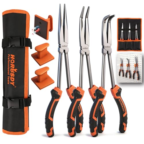 HORUSDY 3-Piece 11 Inch Long Reach Needle Nose Pliers Set, Extra Long Straight, 45° & 90° Bent...