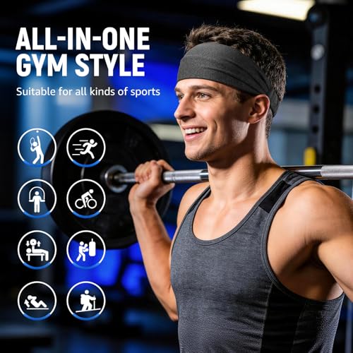 Image of AWUMBUK Sports Headbands for Men, Sweat Bands Headbands Men Absorbent Head Band Stretchy Sweatbands 5 Pack Hair Band Workout Football Running Cycling Fitness (Dark Blue)