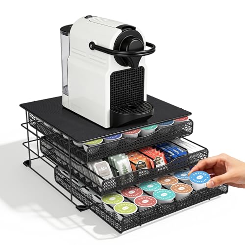 OZD Coffee Pod Holder with 3 Drawers, Metal Capsule Organiser for 108 Pods, Space-Saving Stand for Kitchen or Office, with Anti-Slip Mat, 14in x 12.4in x 7.3in, Black