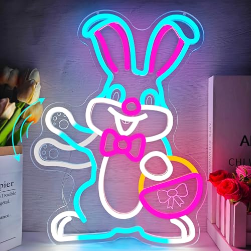 hhuohuona Easter Neon Sign Waving Bunny Neon Light Dimmable Spring
