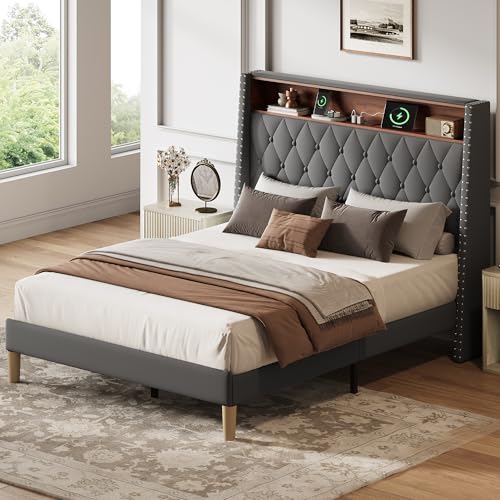 WLIVE Full Size Upholstered Bed Frame with 48'' Tall Wingback