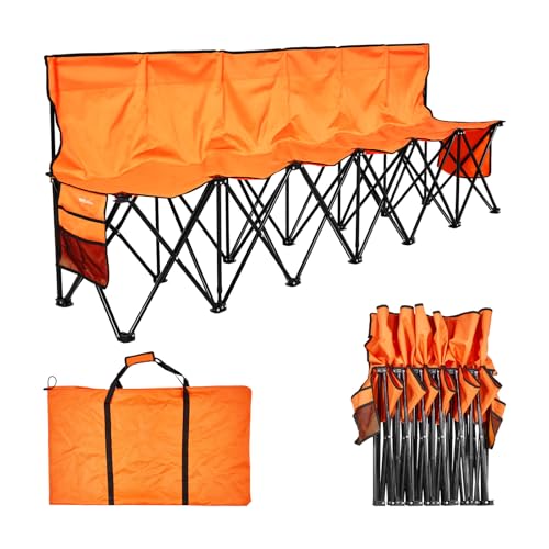 VEVOR Portable Folding Bench 6 Seat Foldable Soccer Bench with Side Pockets and Carrying Bag Lightweight Sideline Seating with Back Rest for Football Baseball Camping Outdoor Events Orange