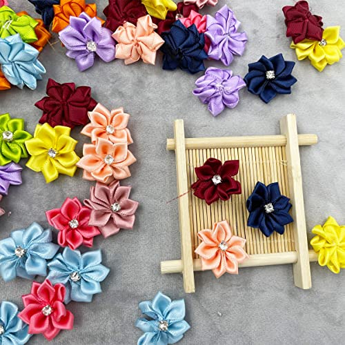 Satin Ribbon Flowers Bows, 50Pcs Flower Sewing Appliques Daisy Flowers With Rhinestone For Home Room Wedding Party Marriage Hats Decor Diy Craft Wreath Present Wrapping #TOP3