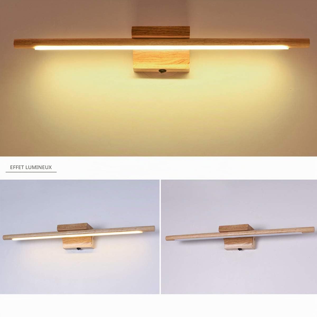 Lampe de Miroir Salle de Bain Bois Avec Interrupteur Moderne LED Applique Murale Intérieure IP44 Étanche Lampe de Coiffeuse Applique Miroir Cosmétique Coiffeuse Éclairage, 60Cm,3000k