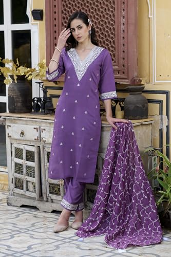 Image of VredeVogel Women's Silk Blend Kurta Pant Set with Chanderi Embroidery Work Dupatta