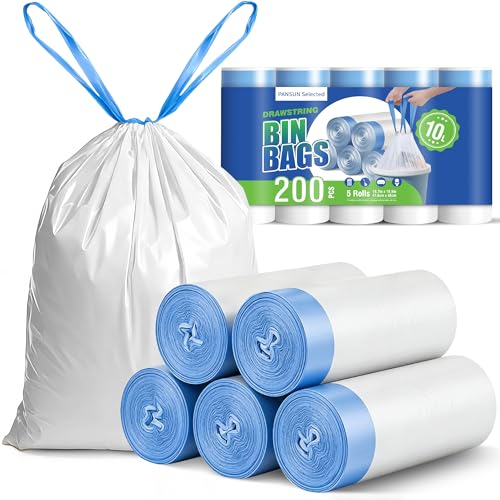 PANSUN Selected Bin Bags 10L 200 Counts Small Bin Liners Drawstring Bin Bags 47x48cm Pedal Garbage Bags for Bathroom Toilet Kitchen