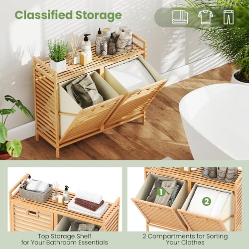 COSTWAY Bamboo Laundry Basket, 2-Compartment Laundry Hamper with Tilt-out Removable Bags and Shelf, Dirty Clothes Cabinet Bin Washing Basket Sorter Organiser for Bathroom Bedroom, 80x30x72cm, Natural - Image 2