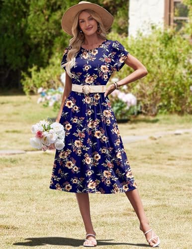 Image of HOTOUCH Women's Summer A-Line Midi Dresses 2026 Casual Floral Short Sleeve T-Shirt Dress Flowy Beach Sundress with Pockets