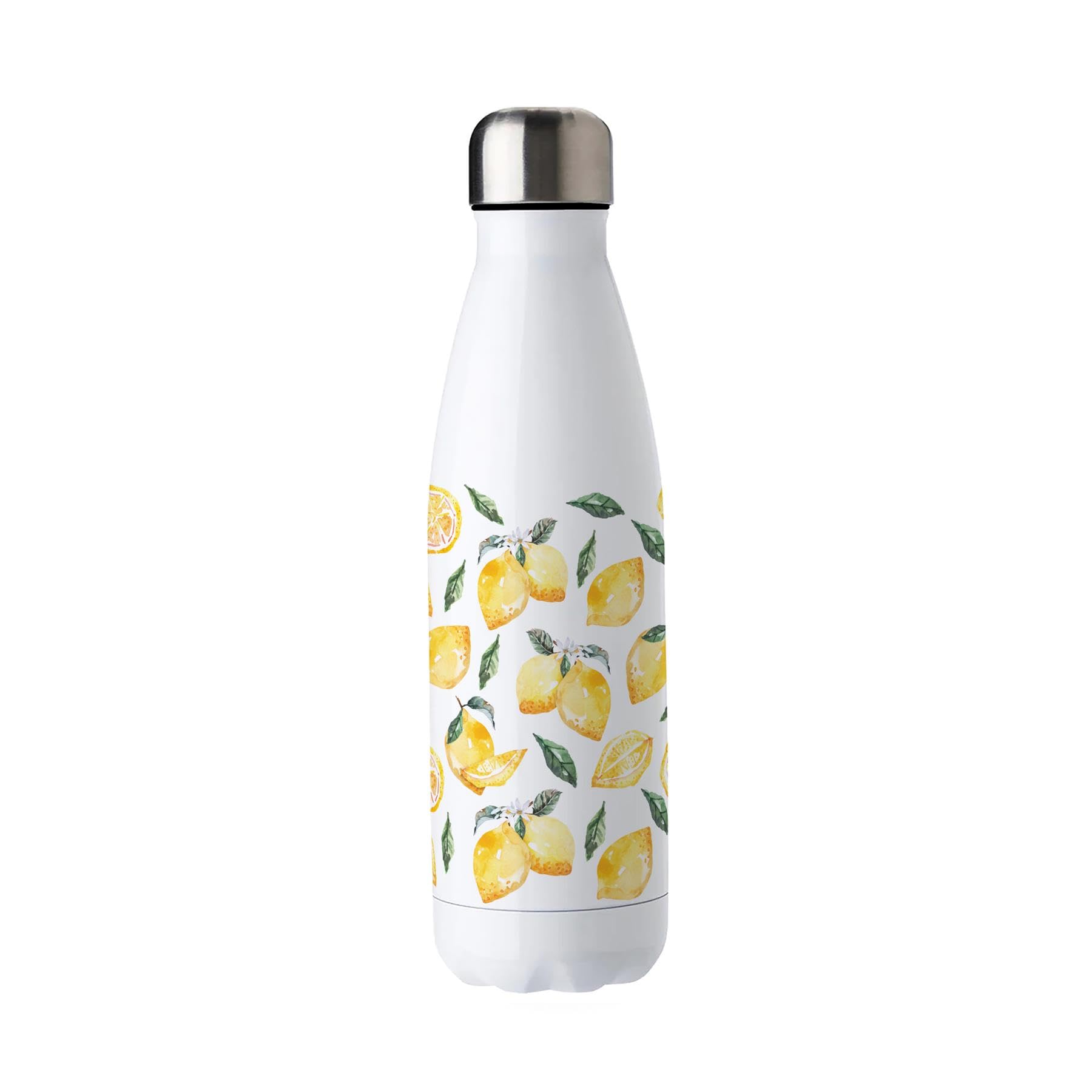 Purely Home Lemons Stainless Steel Water Bottle - Summer Fruits & Flowers Presents - Double Walled 500ml Metal Hot/Cold Drinks Bottle Outdoor Gifts