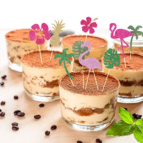 50 Pieces Tropical Hawaiian Luau Cupcake Toppers Glittery Hawaii Cake Cocktail Toothpick Flamingo Pineapple Hibiscus Flowers Palm Leaves Cupcake Picks For Summer Party Baby Shower Supplies #TOP4
