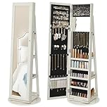 SONGMICS Jewellery Organiser, Freestanding Jewellery Cabinet with Full-Length Mirror, 360?Swivel, Storage Shelf, Lockable with Keys, for Bedroom, Gift Idea, White with Greyish Wood Grain JBC62W