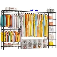 KZOBYD Extendable Clothes Rails, Heavy Duty Clothing Garment Rack, Metal Coat Rails Coat Racks for Hanging Clothes, Clothing Closet Wardrobe Racks with Adjustable Shelves and Hanging Rods (Black)