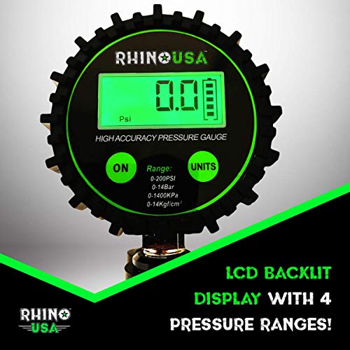 Rhino Usa Digital Tire Inflator With Pressure Gauge (0-200 Psi) - Ansi B40.7 Accurate, Large 2" Easy Read Glow Dial, Premium Braided Hose, Solid Brass Hardware, Best For Any Car, Truck, Motorcycle, Rv #TOP1